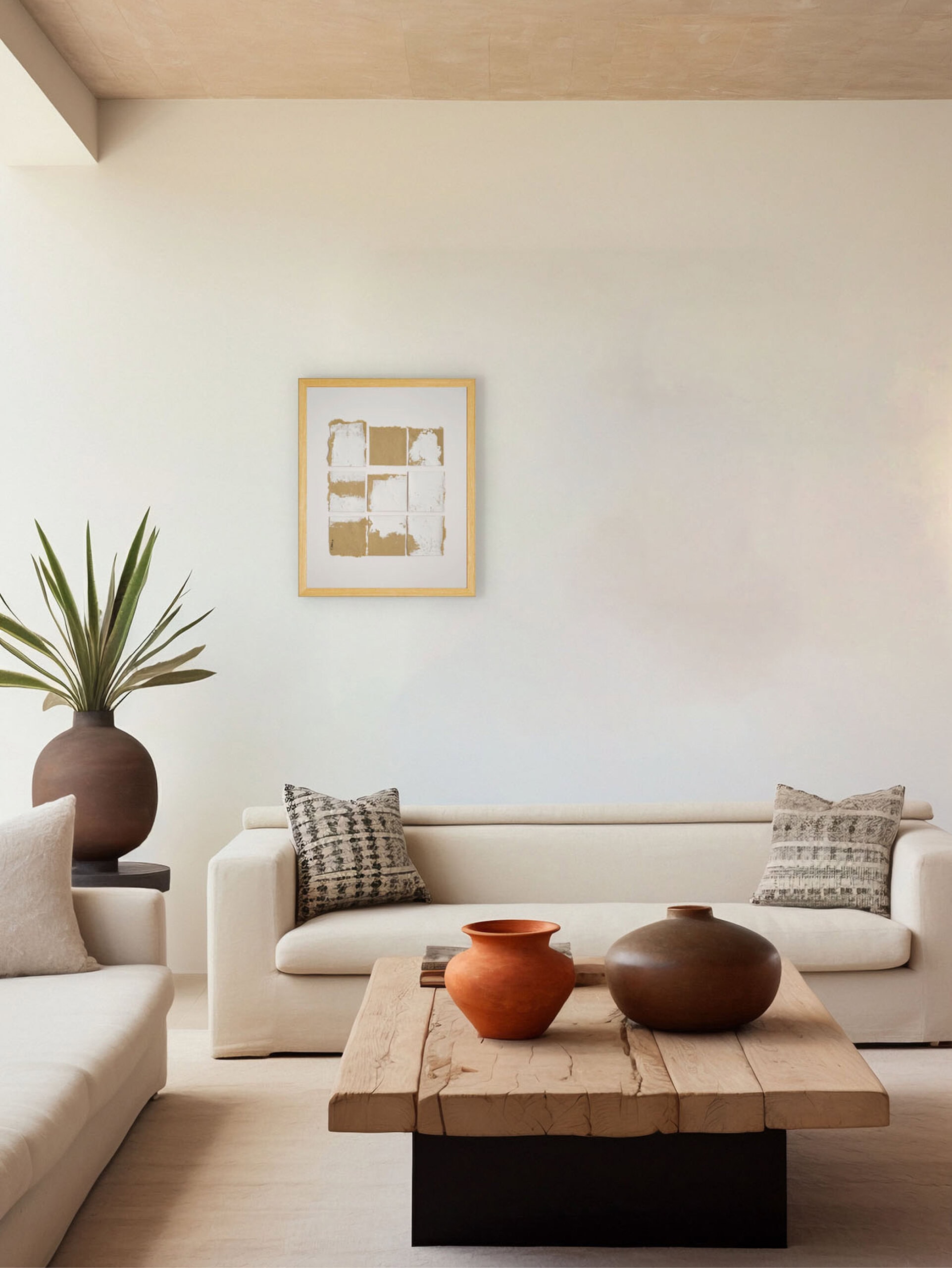 Salón moderno con sofá blanco y mesa de madera donde cuelga la obra "Deconstruyendo I". Cuadro abstracto con cuadrícula ocre y blanca sobre papel artesanal en un ambiente sereno y natural.