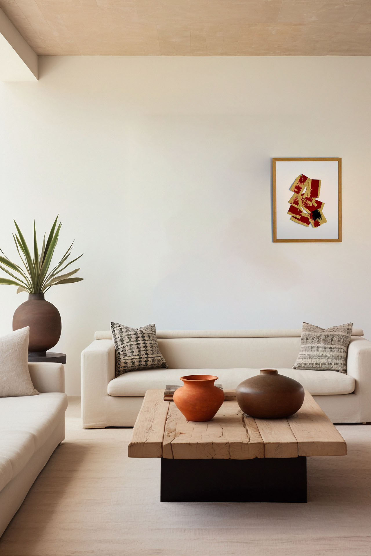 Salón de diseño contemporáneo con luz natural donde destaca la obra "Deconstruyendo II" en la pared. El cuadro presenta una composición dinámica de fragmentos de papel rojo y ocre con una mancha negra central, aportando un punto focal cálido sobre un sofá blanco y mesa de madera rústica.