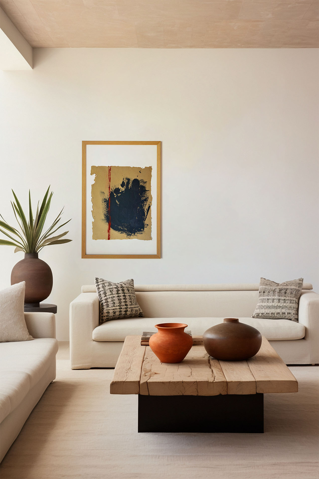 Salón de diseño orgánico con la obra "Desdibujando el límite" en la pared. Cuadro abstracto con una mancha azul profundo y una línea roja vertical sobre papel artesanal, enmarcado en madera clara en un ambiente con sofás blancos y mesa de madera rústica.