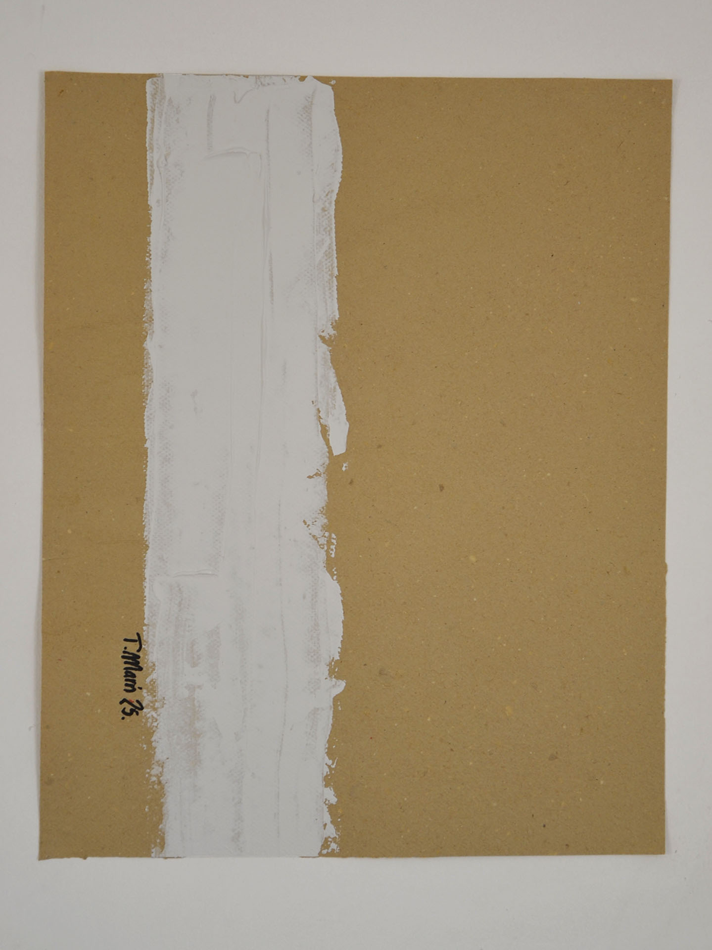 Vista completa de la obra "Mi Realidad I" sobre fondo blanco. Se aprecia la franja vertical de pintura blanca con relieve sobre el soporte ocre y la firma del artista T. Marín en el lateral inferior izquierdo.