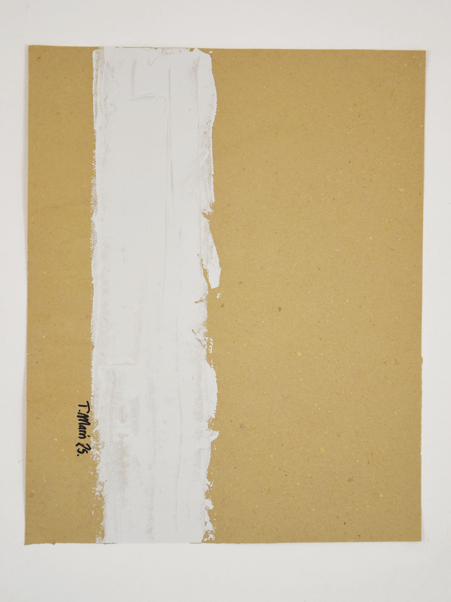 Vista completa de la obra "Mi Realidad I" sobre fondo blanco. Se aprecia la franja vertical de pintura blanca con relieve sobre el soporte ocre y la firma del artista T. Marín en el lateral inferior izquierdo.