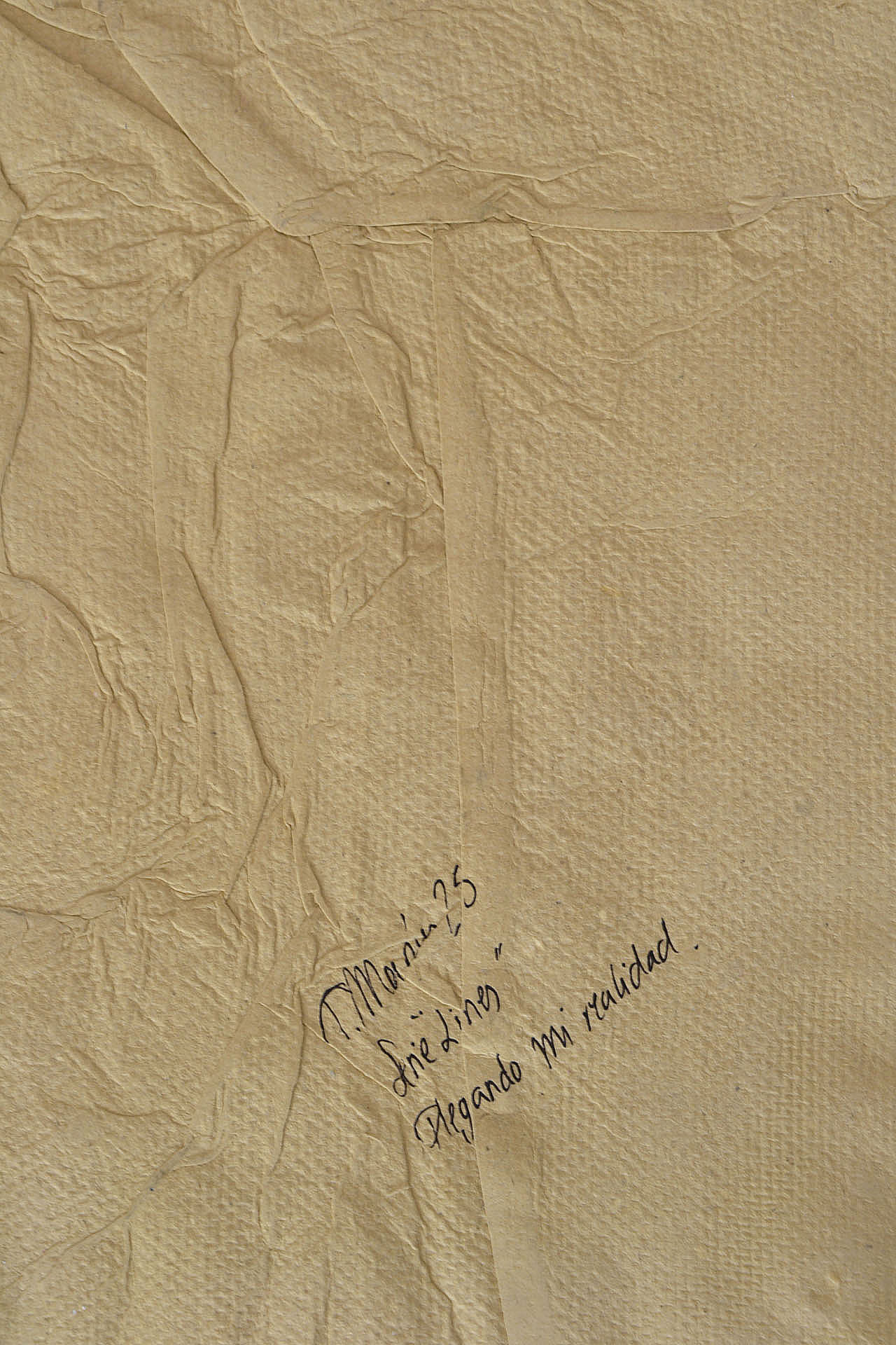 Detalle de la firma manuscrita en la obra "Plegando mi realidad" de la serie Lines 2025. Se aprecia la textura del papel arrugado y el título de la pieza. Obra disponible en La Oculta Gallery.